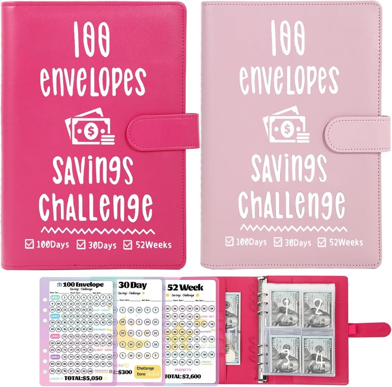 VAZOCA 2 Pack 100 Envelopes Money Saving Challenge, Cash Budget Planner A5 Binder, Savings Challenges Book Organizer Folder, with 3 Tracker to Save $5,050 and $2,600, $300, 100 Pre-numbered Pockets, Red & Pink - Image 1